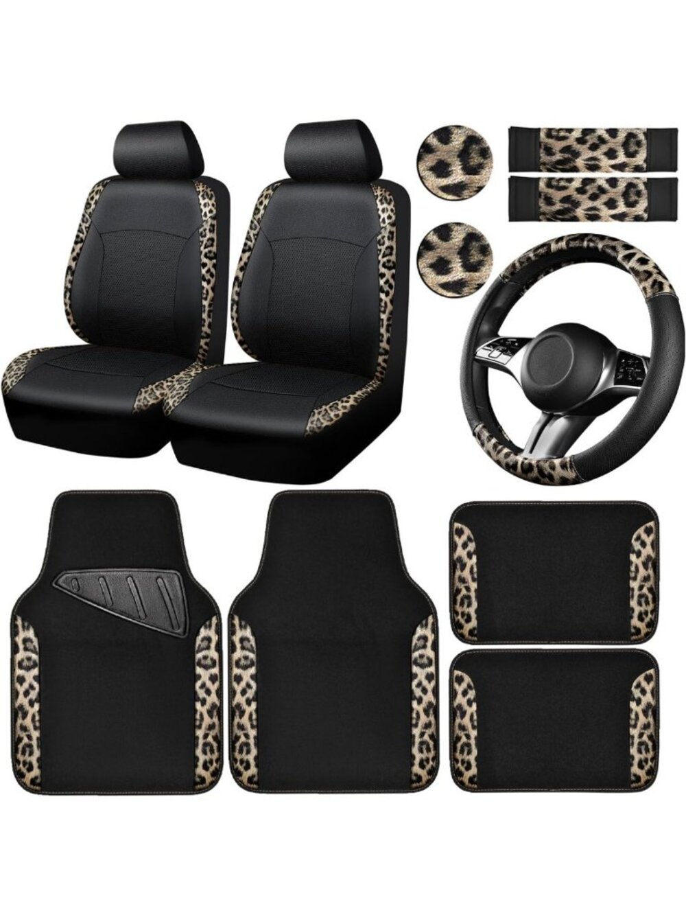 Leopard Print Faux Leather Car Seat Covers & Mats, Steering Wheel Cover